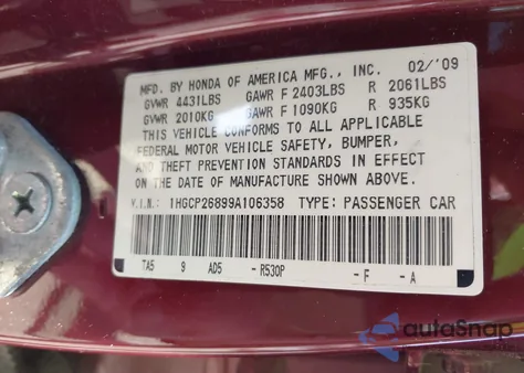 2009 Honda Accord 2.4 Ex-L из США, поврежденный, VIN 1HGCP26899A106358